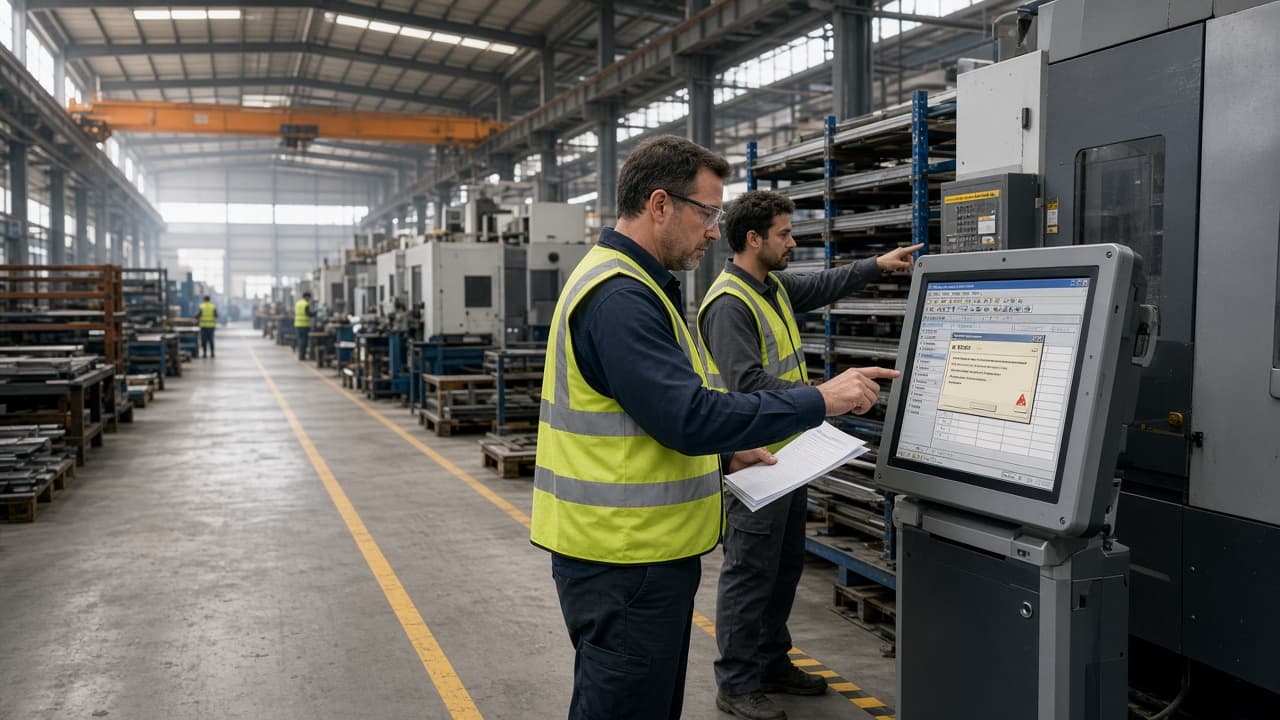 Production supervisor using a legacy ERP terminal on a modern manufacturing floor